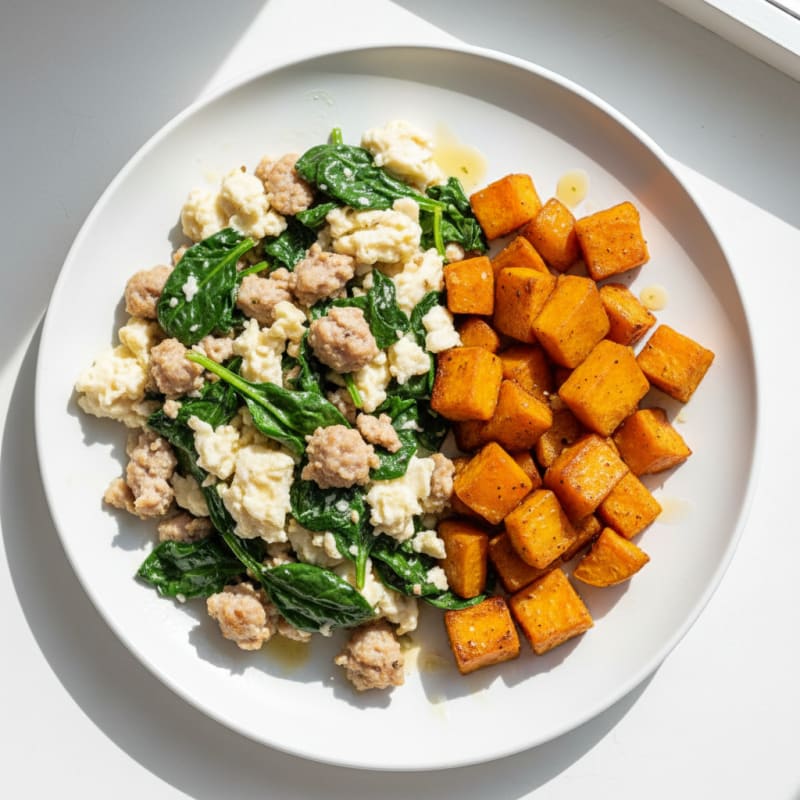 Egg White and Turkey Sausage Scramble with Spinach and Roasted Sweet Potato