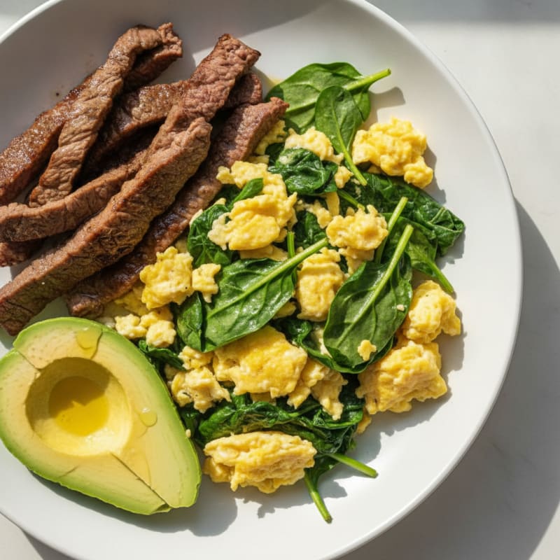 Scrambled Eggs with Spinach and Seared Steak Strips