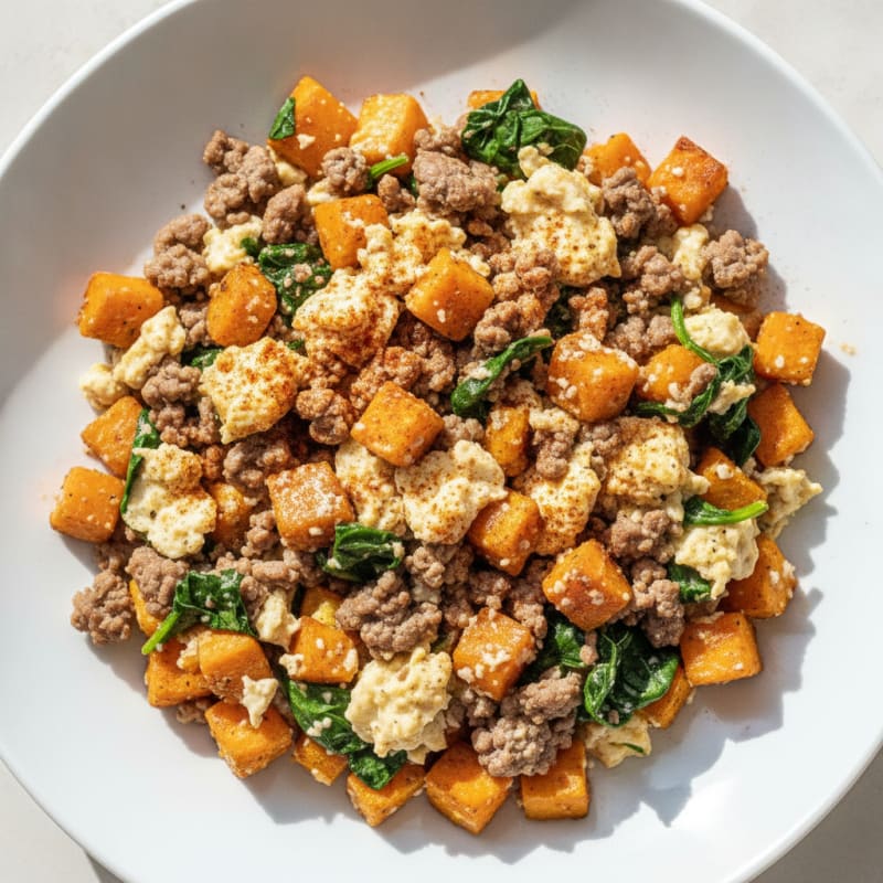 Egg White and Ground Beef Scramble with Sweet Potato Hash