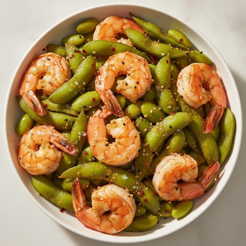Garlic-Sesame Edamame Pods with Sautéed Shrimp