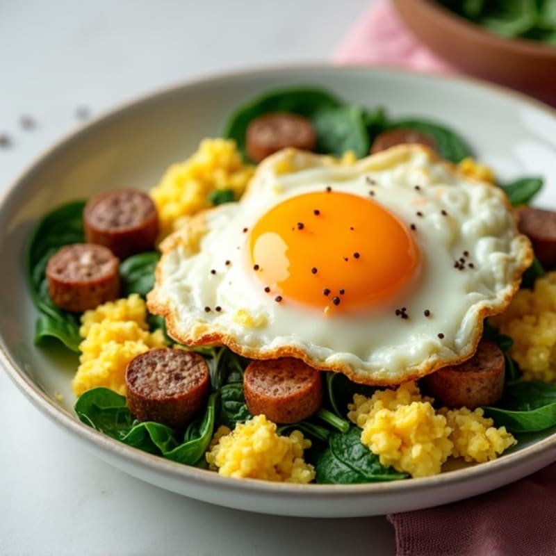 Fluffy Egg and Turkey Sausage Scramble with Fresh Spinach