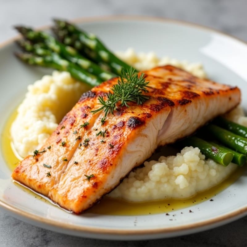 Seared Salmon Fillet with Roasted Asparagus and Cauliflower Mash