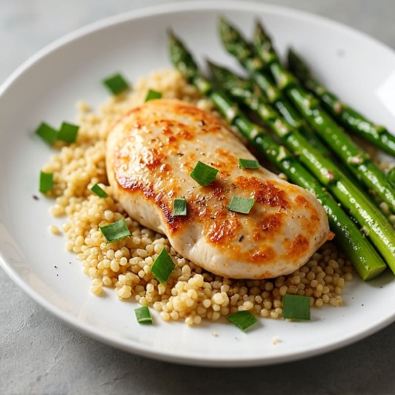 Pan-Seared Lemon Garlic Chicken with Roasted Asparagus and Quinoa