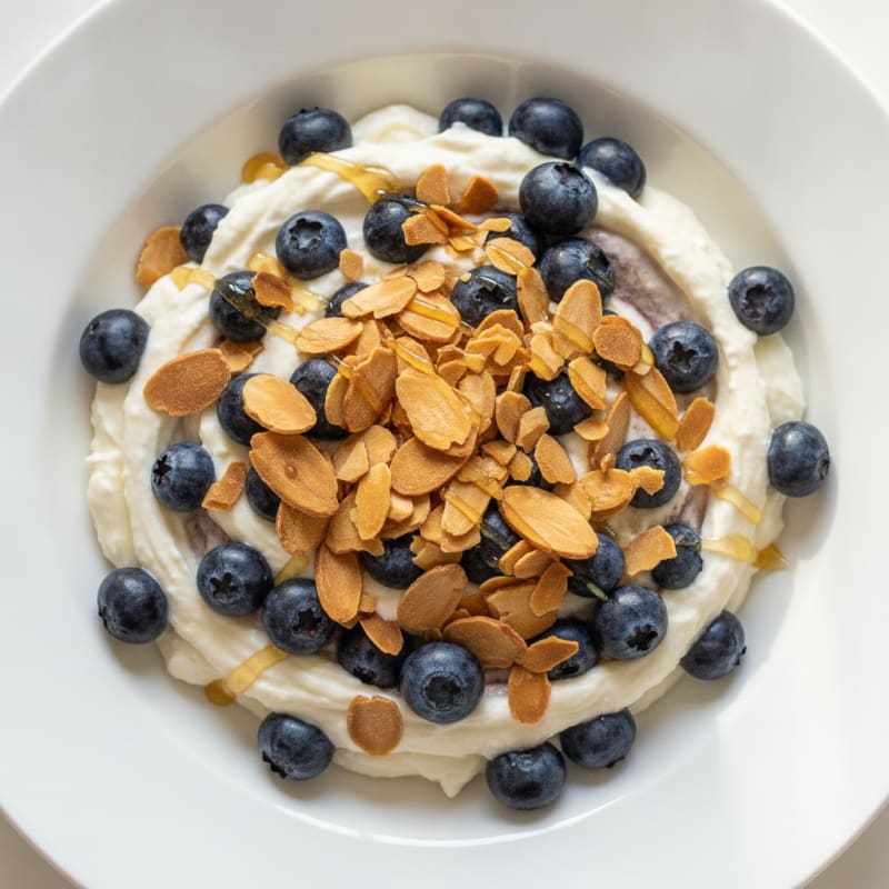 Silky Vanilla Protein Yogurt Parfait with Almonds and Blueberries