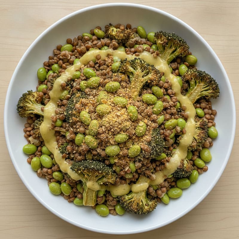 Lentil and Edamame High Protein Salad with Roasted Broccoli