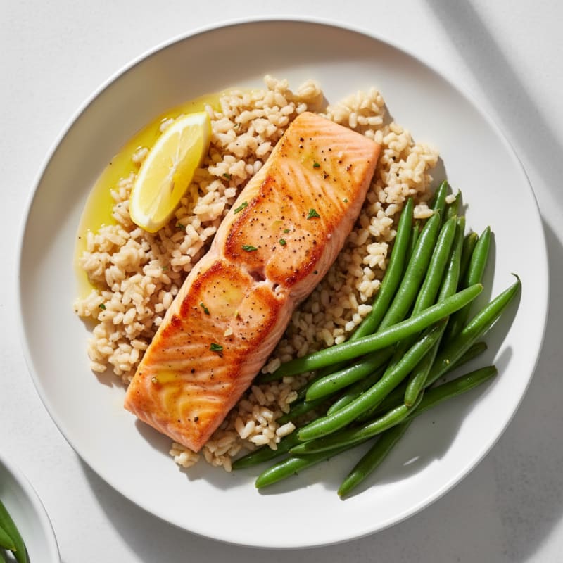 Seared Salmon with Steamed Green Beans and Brown Rice