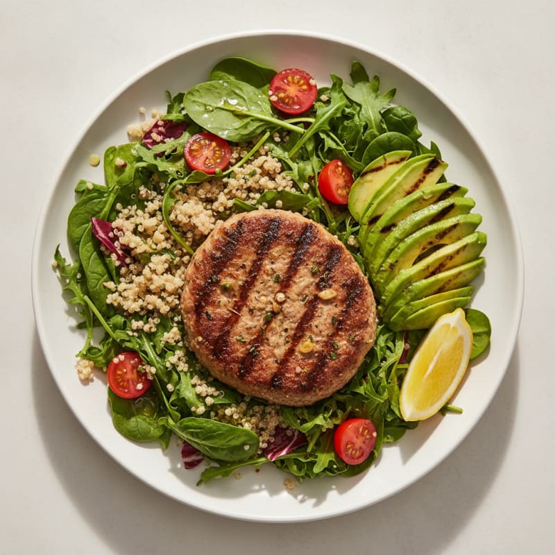 Grilled Turkey Burger with Mixed Greens and Quinoa