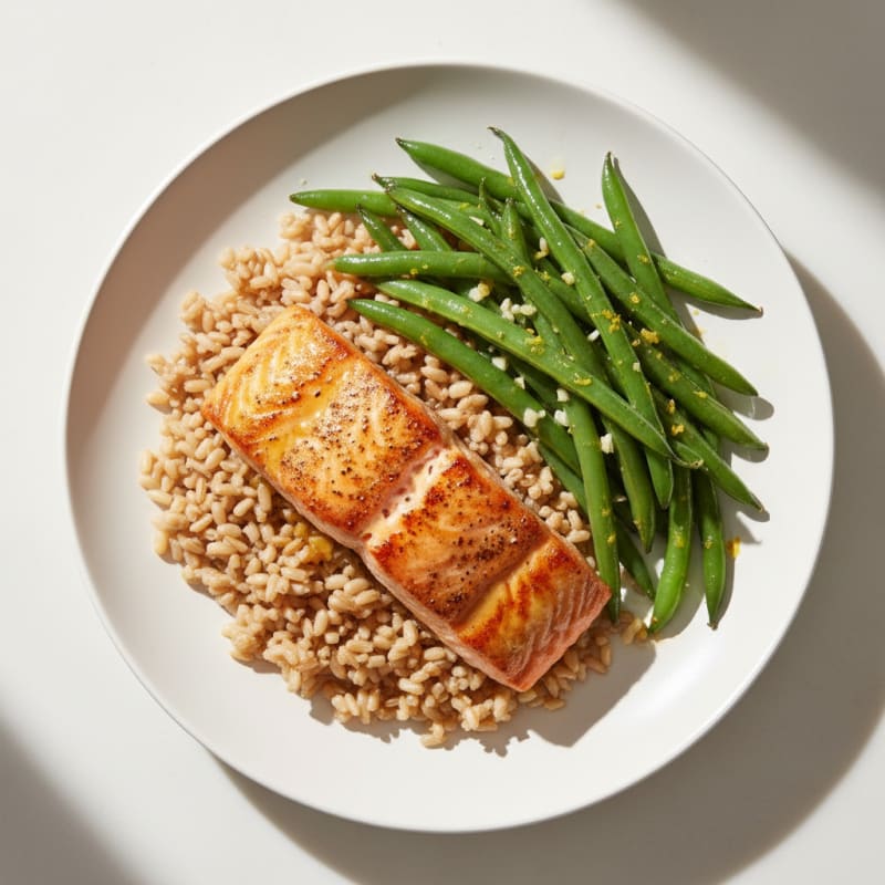 Seared Salmon with Lemon-Garlic Green Beans and Brown Rice