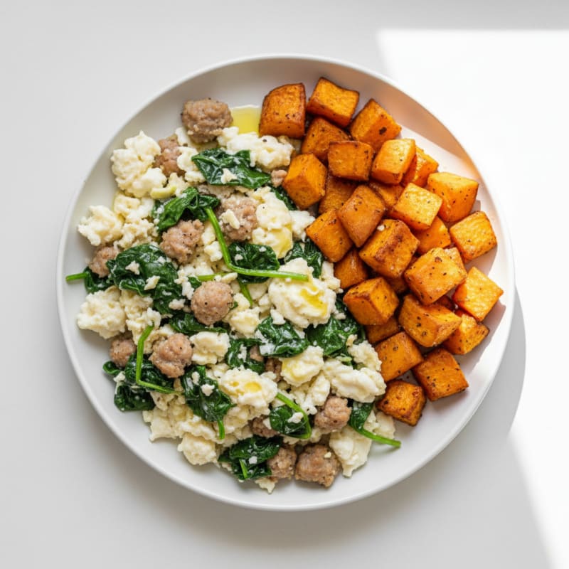 Egg White and Turkey Sausage Scramble with Sautéed Spinach and Roasted Sweet Potatoes