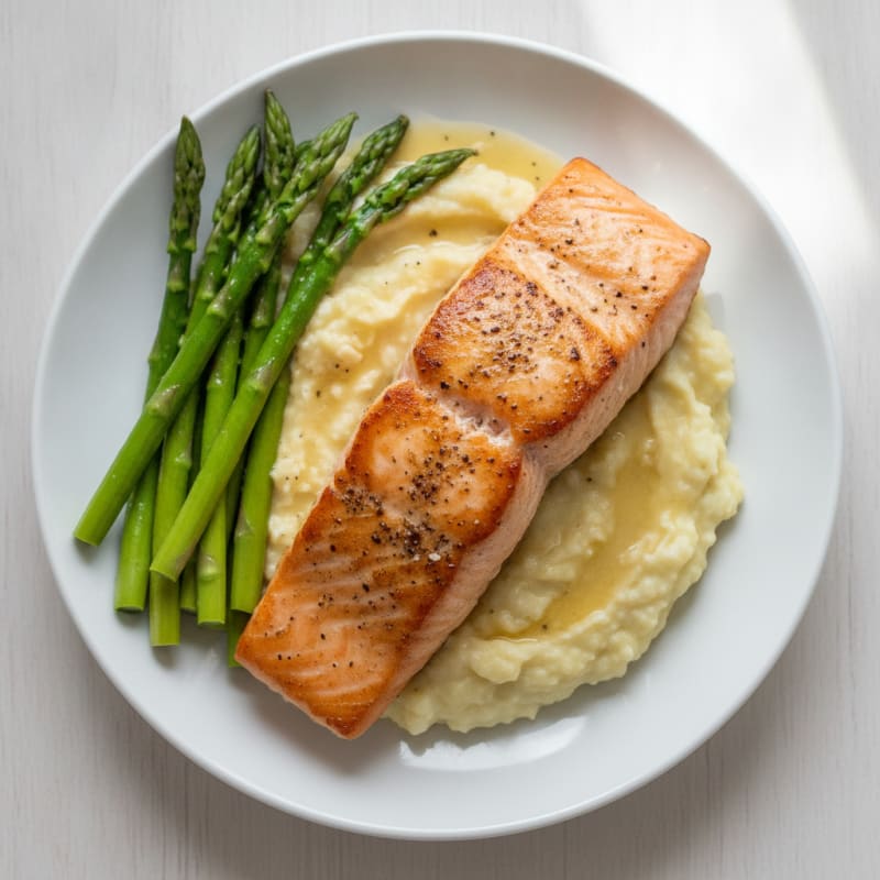 Seared Salmon Fillet with Steamed Asparagus and Garlic Cauliflower Mash