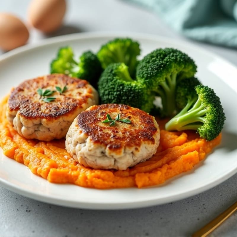 Seared Turkey Patties with Steamed Broccoli and Sweet Potato Mash