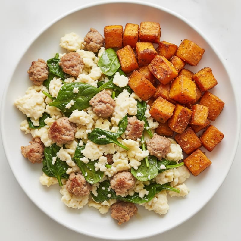Crispy Turkey Sausage and Egg White Scramble with Roasted Sweet Potato