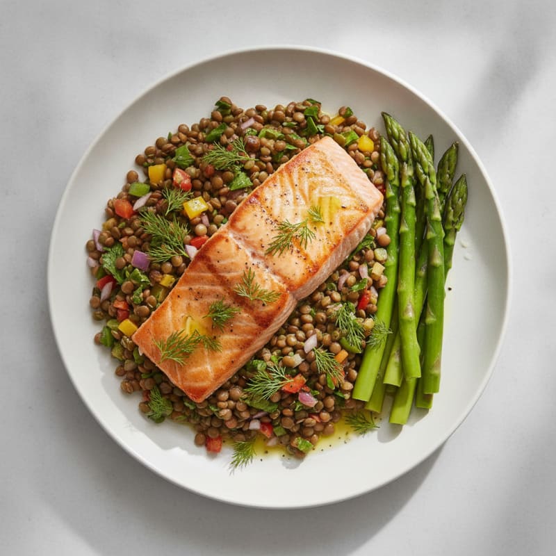 Seared Salmon Fillet with Lentil Salad and Steamed Asparagus
