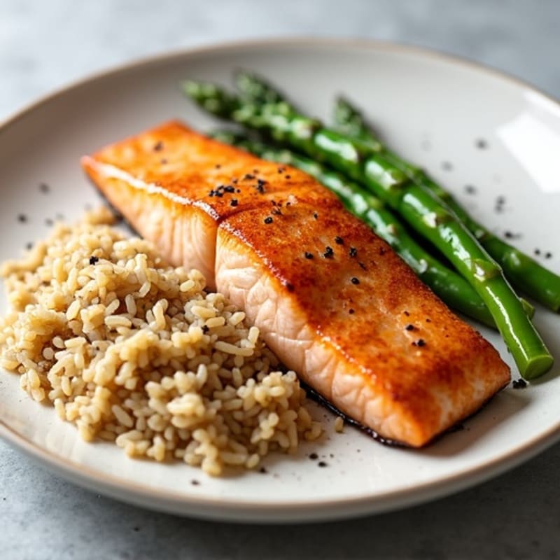 Seared Salmon Fillet with Steamed Asparagus and Brown Rice