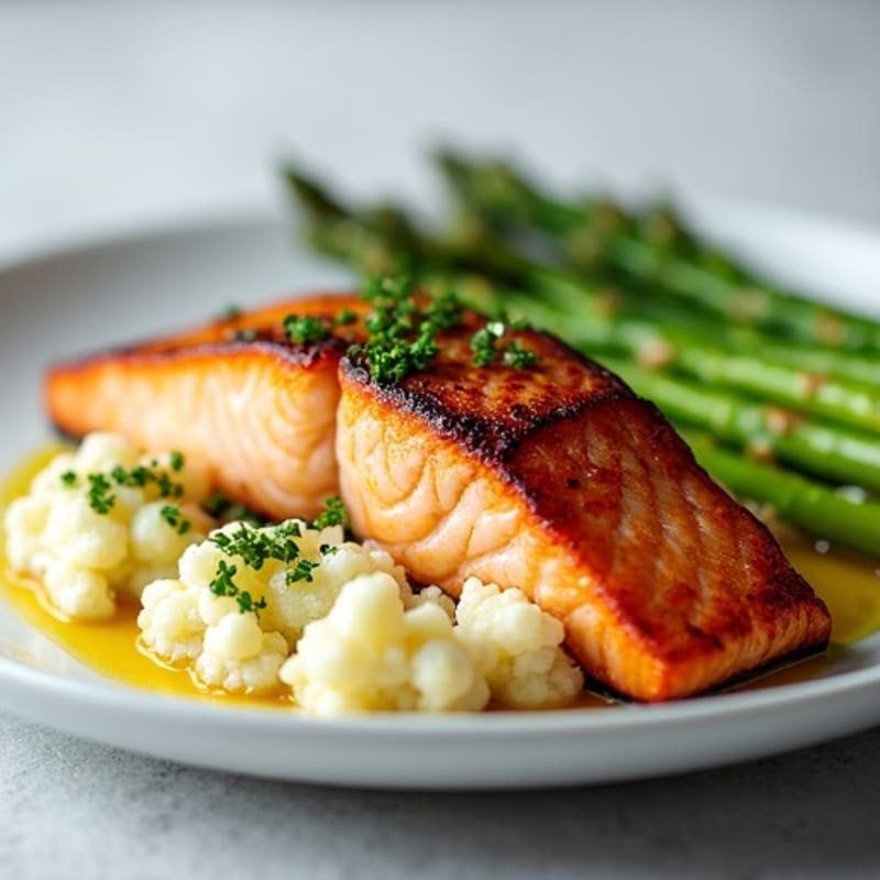 Seared Salmon with Steamed Asparagus and Garlic Mashed Cauliflower