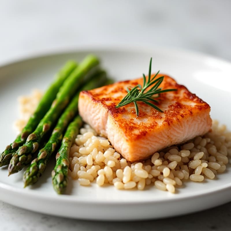 Seared Salmon with Steamed Asparagus and Brown Rice