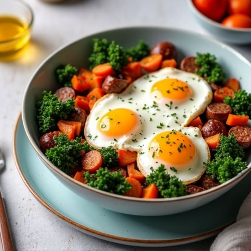 Crispy Sweet Potato and Kale Hash with Baked Eggs