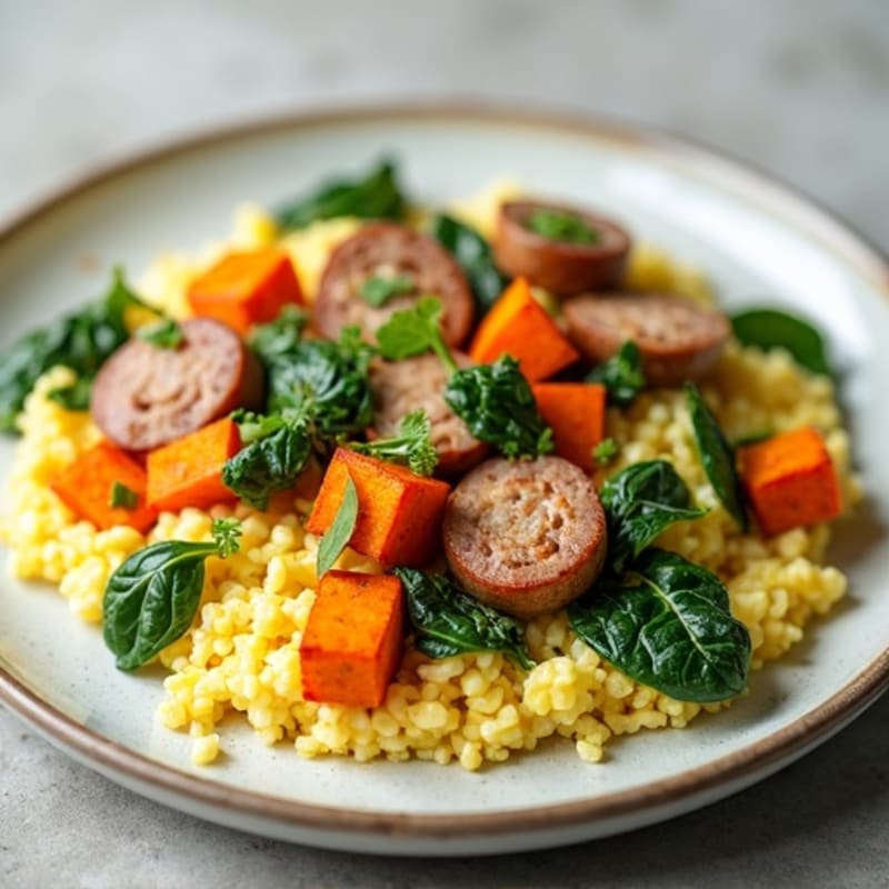 Egg White and Turkey Sausage Scramble with Spinach and Sweet Potato
