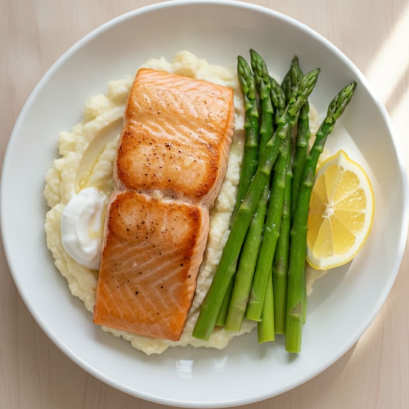 Seared Salmon Filet with Steamed Asparagus and Cauliflower Mash
