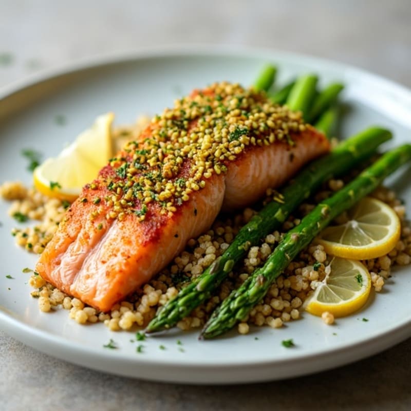 Crispy Pistachio-Crusted Salmon with Fresh Lemon Herb Quinoa and Roasted Asparagus