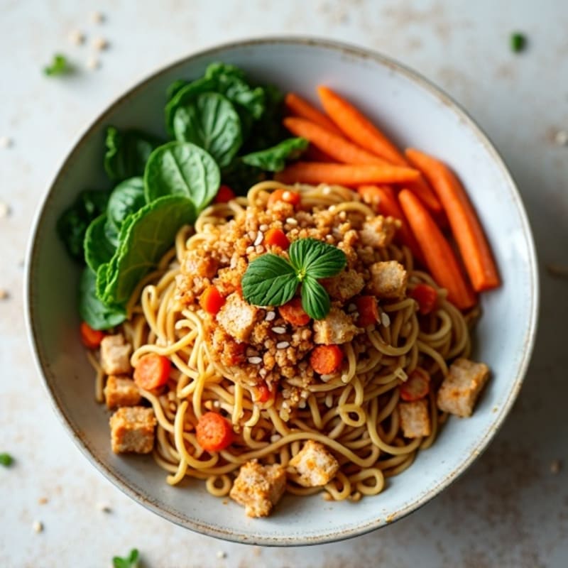 Spicy Ground Chicken with Crispy Sesame Noodles and Fresh Greens