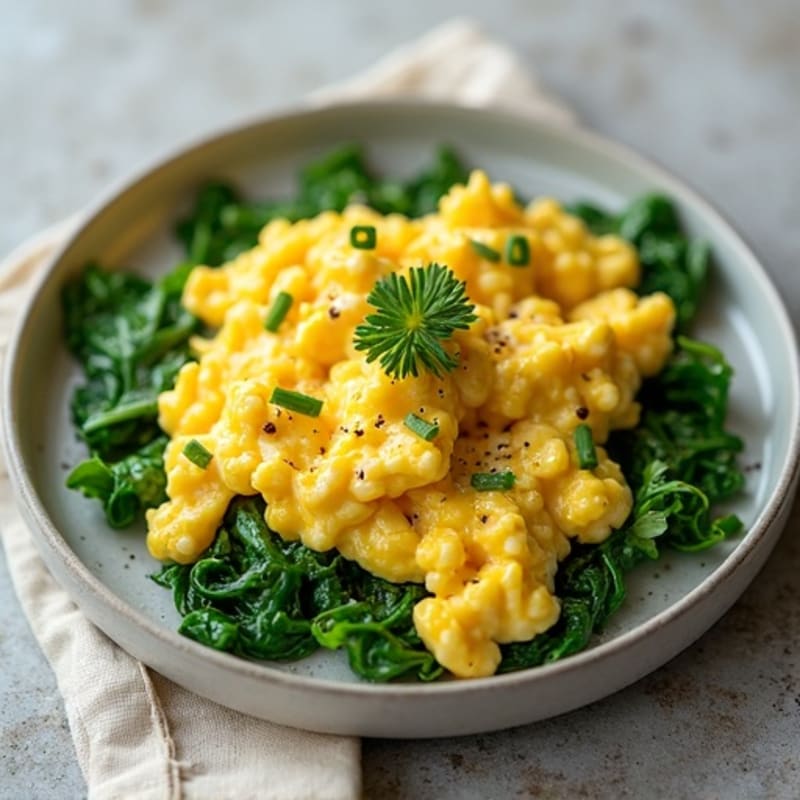 Creamy Scrambled Eggs with Sautéed Greens and Herbs