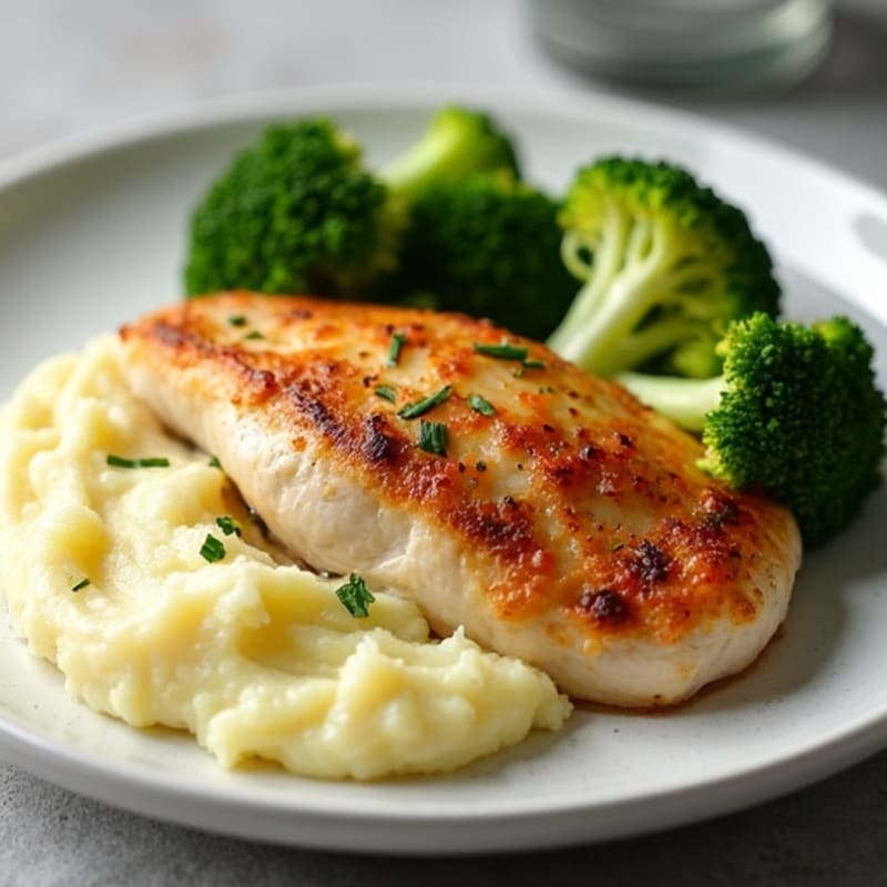 Tender Roasted Chicken with Creamy Buttery Garlic Mashed Potatoes and Crispy Roasted Broccoli