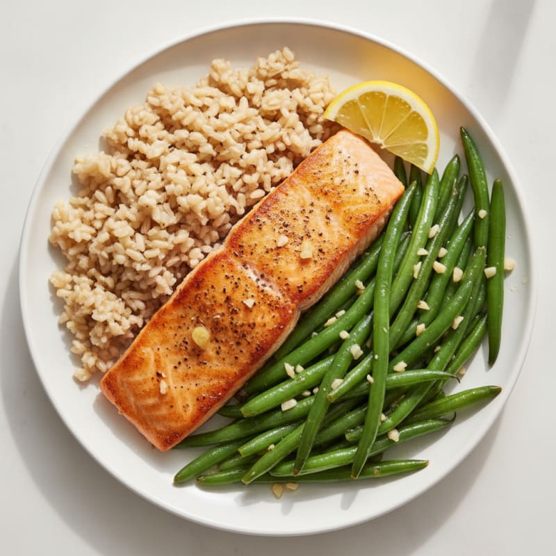 Seared Salmon with Garlic Green Beans and Brown Rice