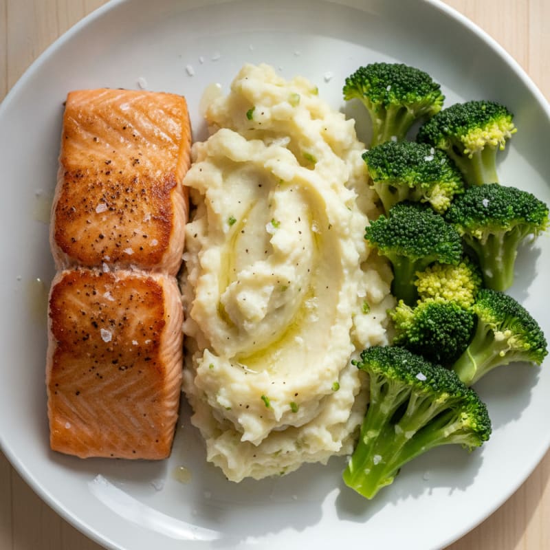 Seared Salmon with Steamed Broccoli and Garlic Mashed Potatoes