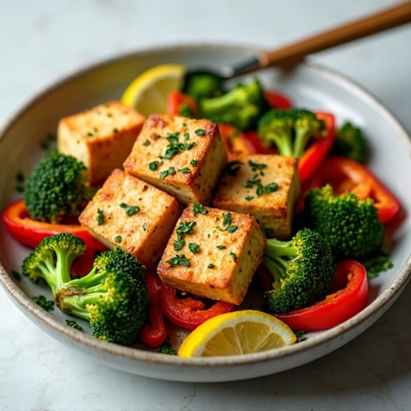 Sheet Pan Crispy Lemon-Herb Tofu with Roasted Broccoli and Bell Peppers