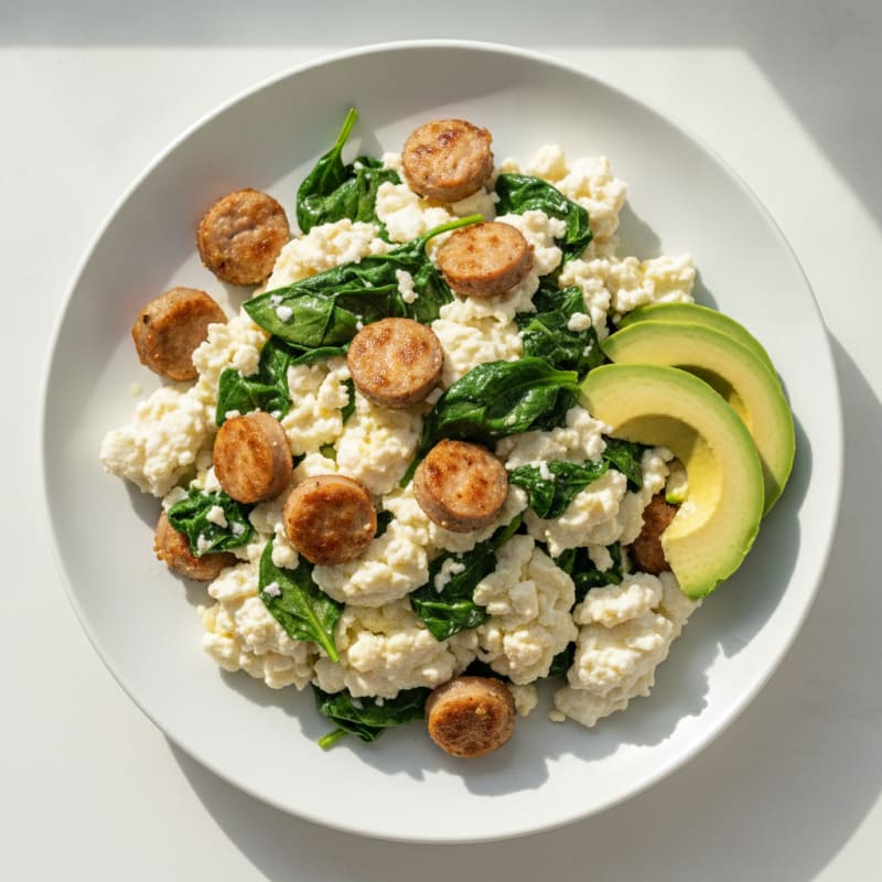 Egg White Scramble with Turkey Sausage and Sautéed Spinach
