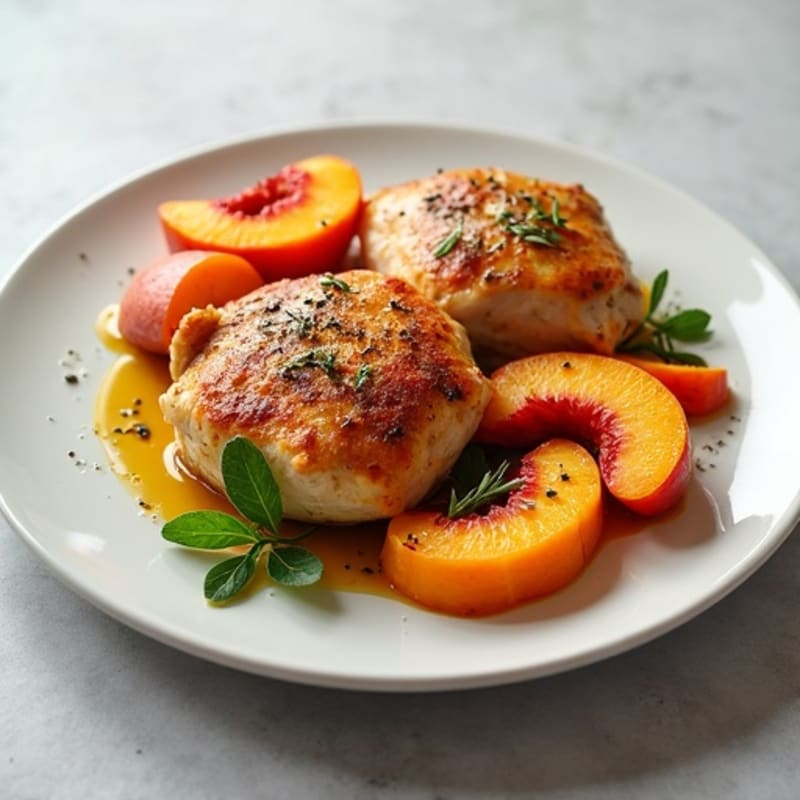 Baked Chicken Thighs with Roasted Peaches and Sweet Potatoes