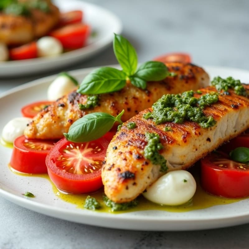 Pan-Seared Chicken with Fresh Tomato Mozzarella Salad and Basil Pesto