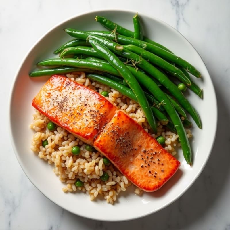 Seared Salmon with Garlic Green Beans and Brown Rice
