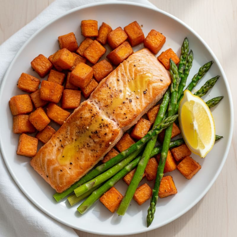 Seared Salmon with Roasted Sweet Potatoes and Asparagus