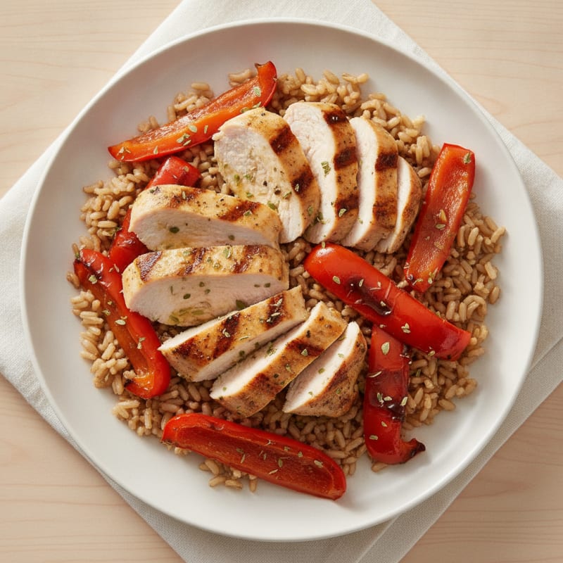 Grilled Turkey Breast with Roasted Bell Peppers and Brown Rice