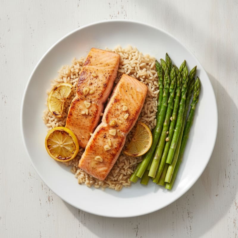 Seared Salmon with Steamed Asparagus and Brown Rice