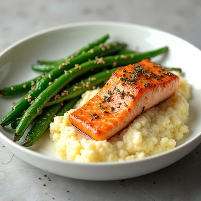 Seared Salmon with Garlic Green Beans and Cauliflower Mash