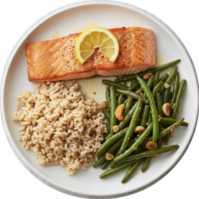 Seared Salmon with Garlic Green Beans and Brown Rice