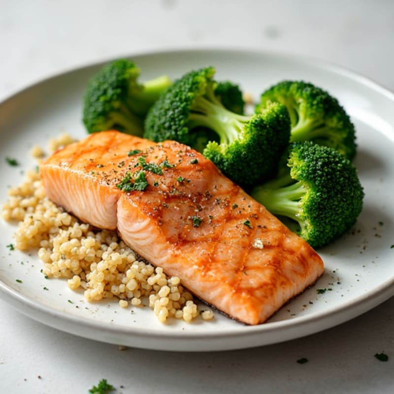 Grilled Salmon Filet with Steamed Broccoli and Quinoa
