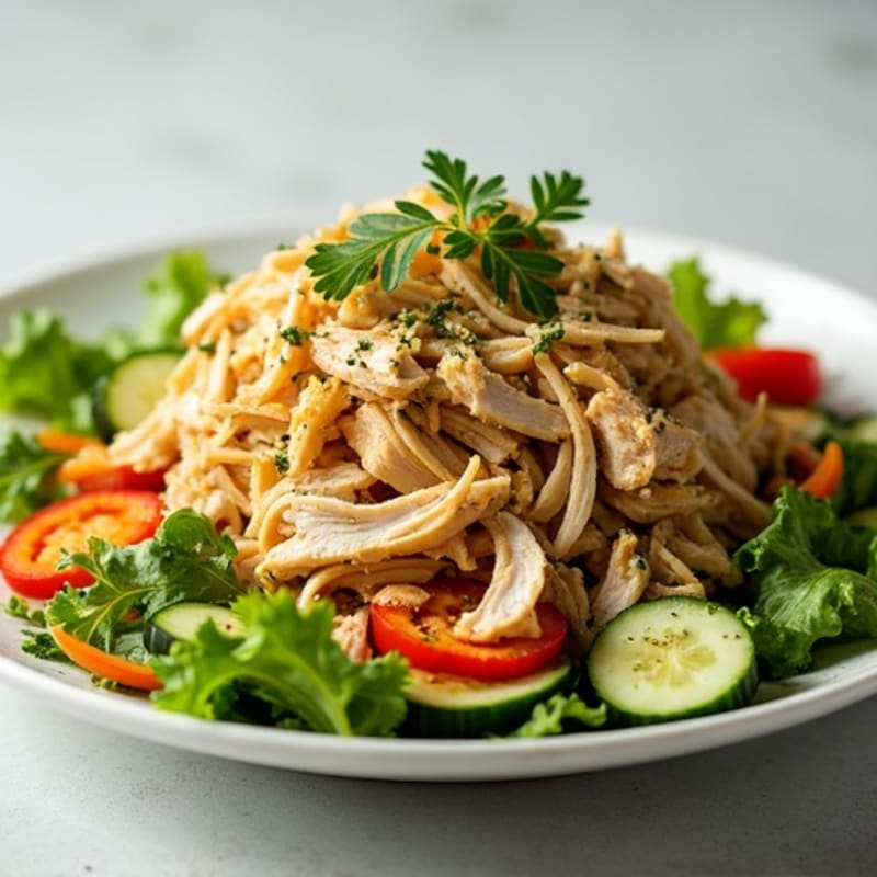 Shredded Chicken and Crunchy Veggie Salad with Zesty Herb Vinaigrette