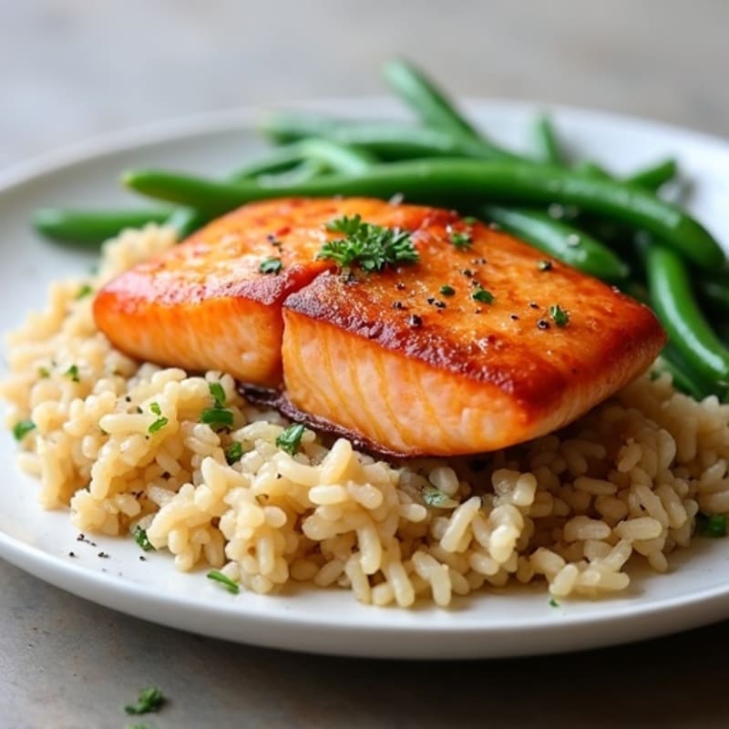 Seared Salmon with Garlic Green Beans and Brown Rice