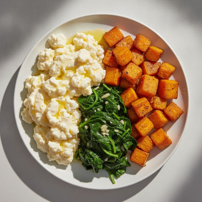 Creamy Scrambled Eggs with Roasted Sweet Potatoes and Sautéed Spinach