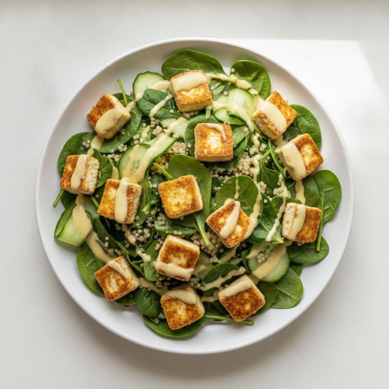 Crispy Tofu Salad with Quinoa and Lemon-Tahini Dressing