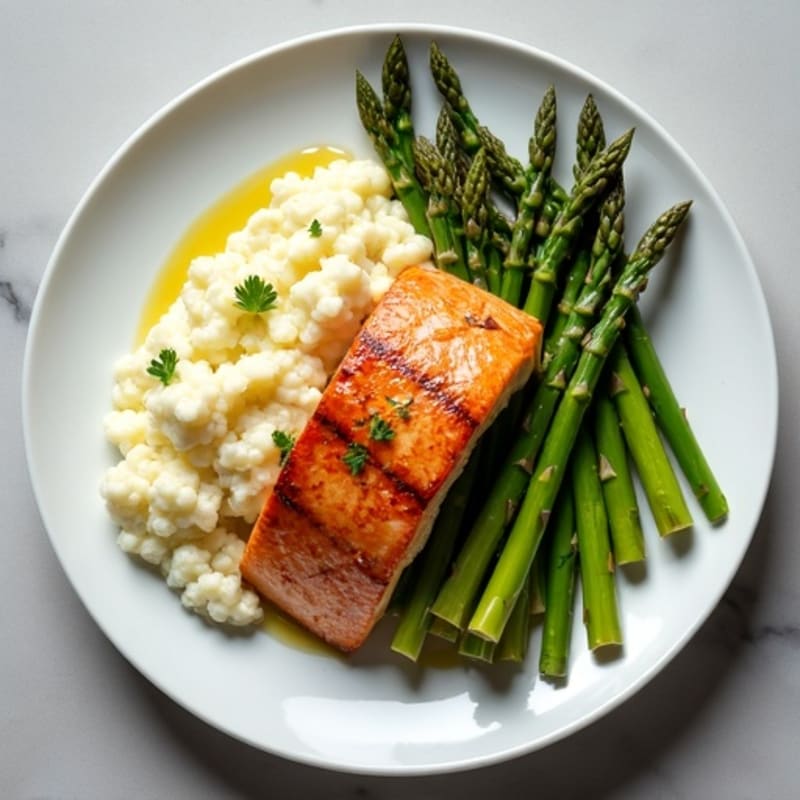Seared Salmon with Steamed Asparagus and Cauliflower Mash