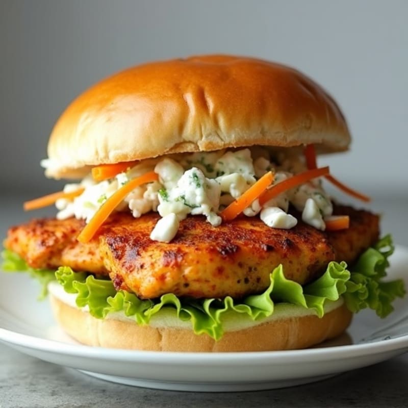 Lean Grilled Buffalo Chicken Burgers with Creamy Blue Cheese Slaw