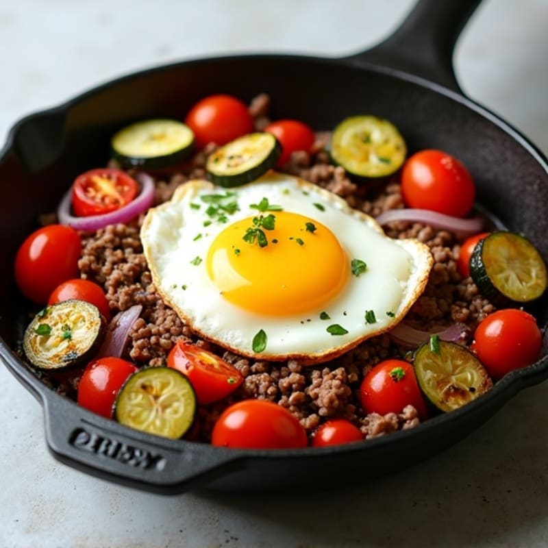Lean Ground Beef and Roasted Vegetable Skillet