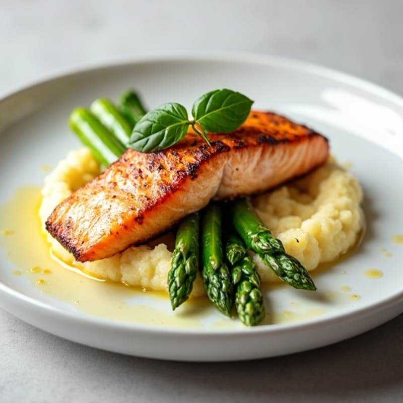 Seared Salmon with Steamed Asparagus and Cauliflower Mash