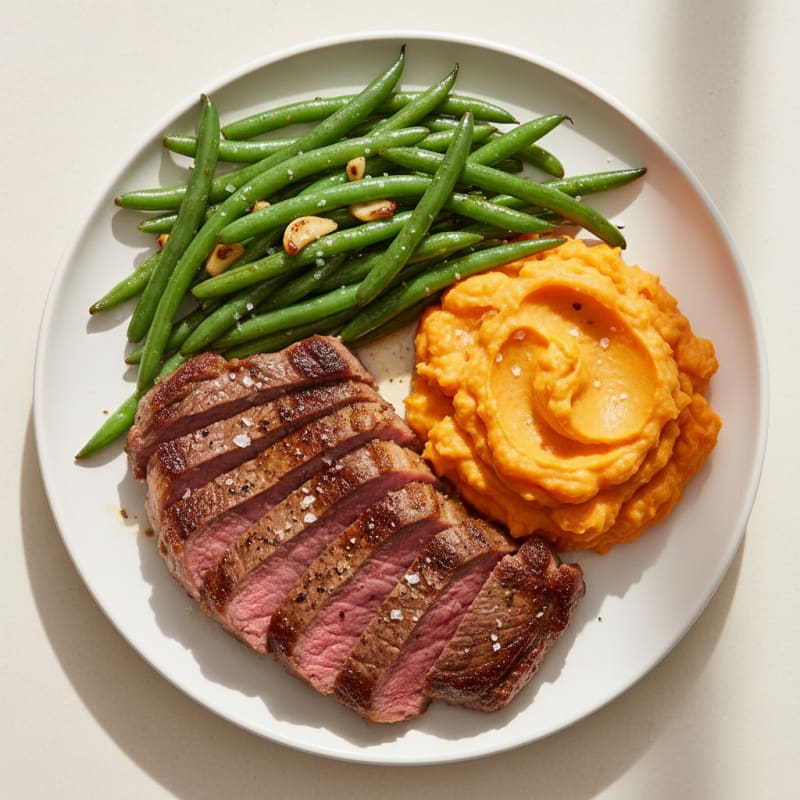 Seared Steak with Garlic Green Beans and Sweet Potato Mash