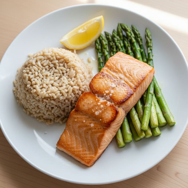 Seared Salmon Fillet with Steamed Asparagus and Brown Rice